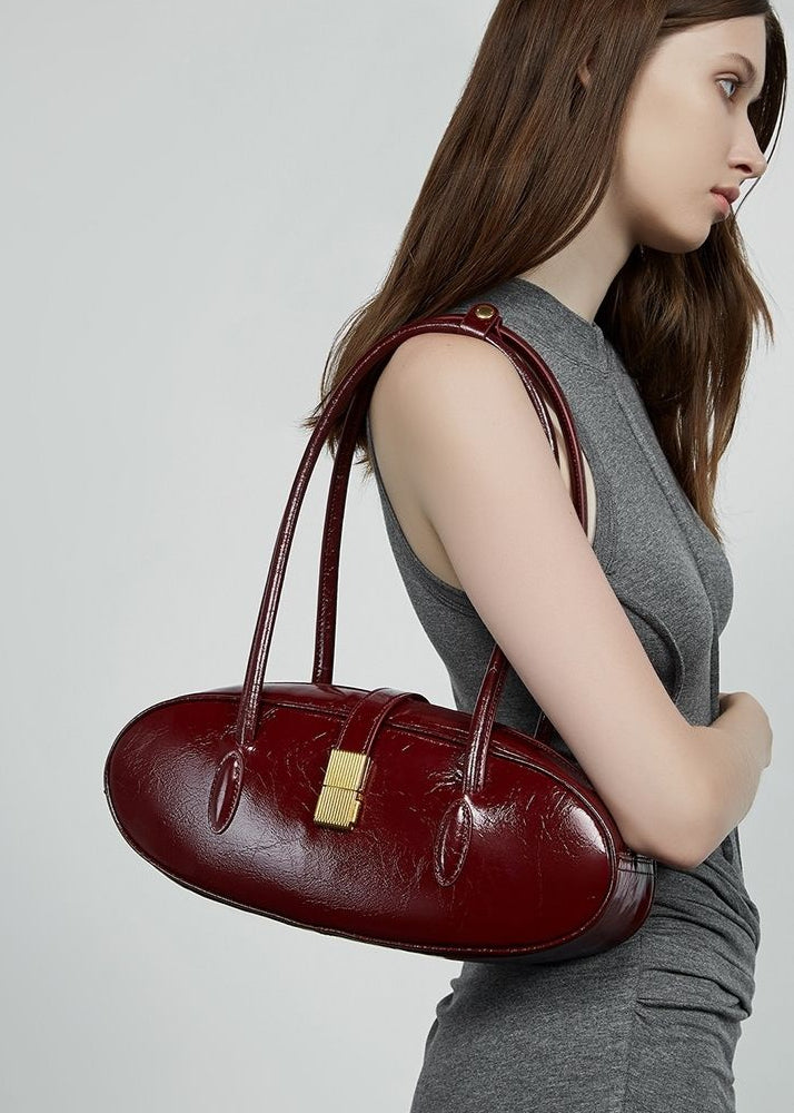 Oval Patent Leather Top Handle Bag – Chic Structured Handbag for Women