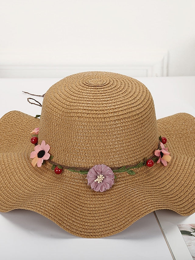 Hat Straw Hat Sun Hat White Blue Khaki Lawn Festival Bow Print Flower Portable Windproof Breathable for Women