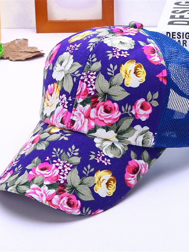 Breathable Trucker Hat Baseball Cap Sun Shade Fashion Ladies Sunscreen Floral Mesh Peaked Caps Flower Hat Sun Hat Casual Wild for Women
