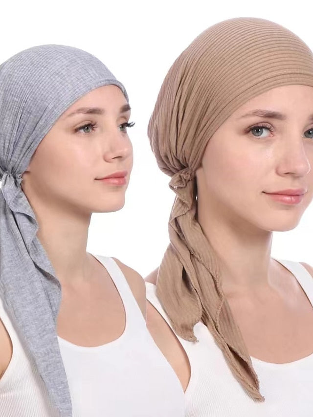 New Elastic Cotton Solid Color Wrap Head Scarf Hats Muslim Turban Bonnet For Women Inner Hijab Hat Fashion Female Turbantes Caps for Women