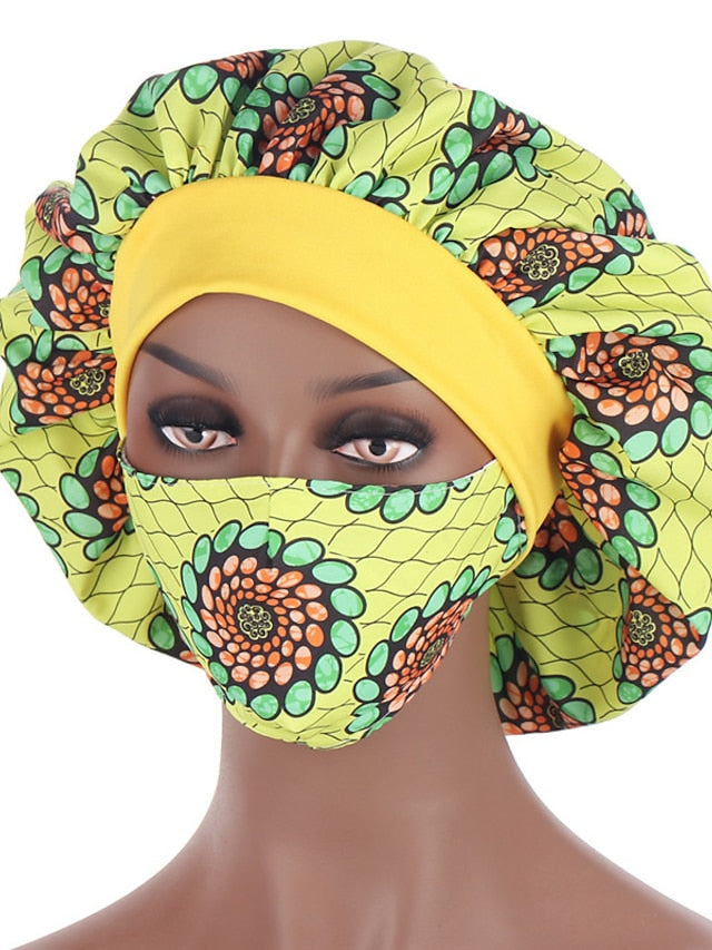 African Pattern Print Satin Bonnet Hijabs Hat Women Night Sleep Cap with Mask Turban Extra Large Head Wear Lady Head Wrap for Women