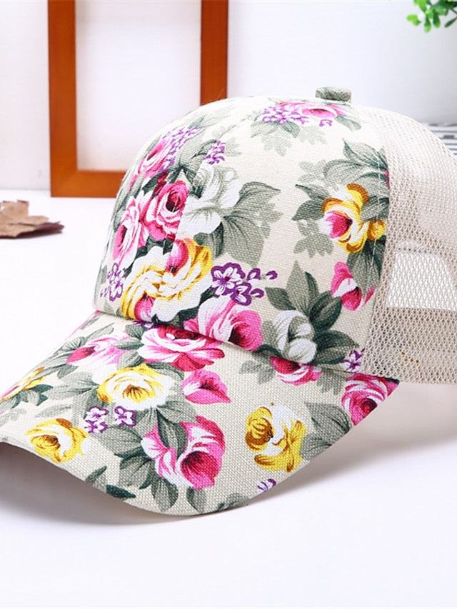 Breathable Trucker Hat Baseball Cap Sun Shade Fashion Ladies Sunscreen Floral Mesh Peaked Caps Flower Hat Sun Hat Casual Wild for Women