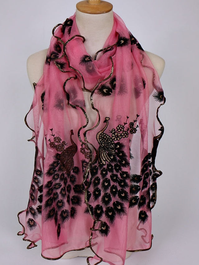 1pcs Women Scarf Elegant Peacock Embroidered Lace Scarf Long Soft Shawl Breathable Long Towel for Women