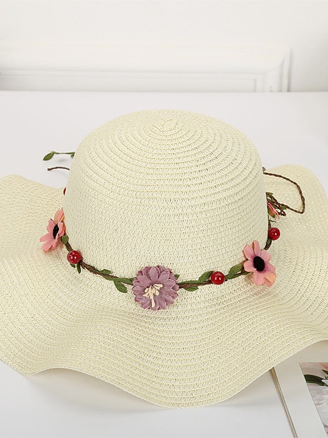 Hat Straw Hat Sun Hat White Blue Khaki Lawn Festival Bow Print Flower Portable Windproof Breathable for Women