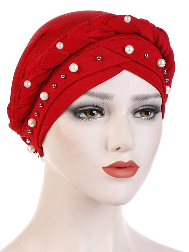 Women Fashion Pearls Muslim Scarf Hijabs Hat Women India Hat Solid Turban Hat Wrap Cap Head Scarf Headscarf Hat Female Hair Accessories for Women