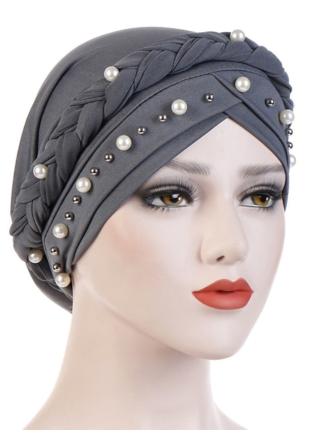 Women Fashion Pearls Muslim Scarf Hijabs Hat Women India Hat Solid Turban Hat Wrap Cap Head Scarf Headscarf Hat Female Hair Accessories for Women