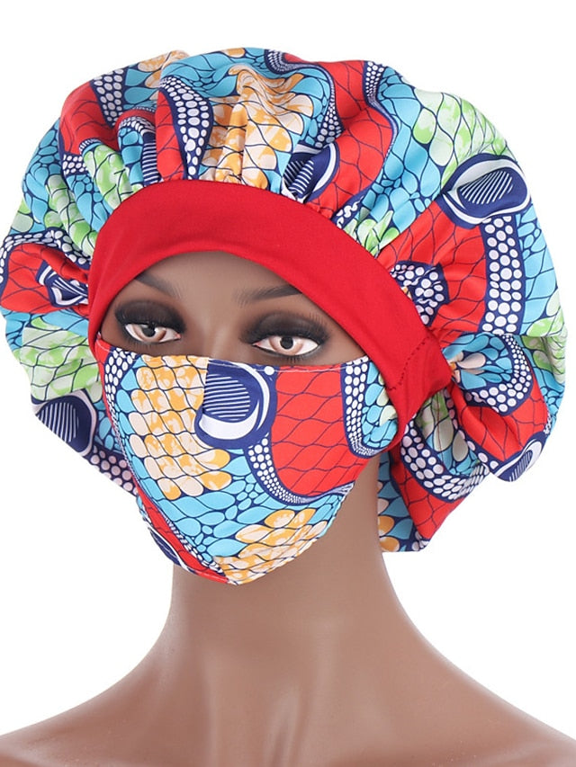 African Pattern Print Satin Bonnet Hijabs Hat Women Night Sleep Cap with Mask Turban Extra Large Head Wear Lady Head Wrap for Women
