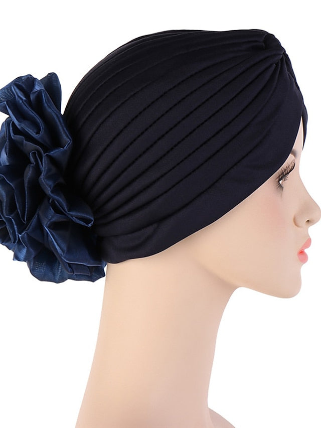 Female Stylish Indian Big Flower Solid Color Turban Hat Comfortable Women Muslim Pullover Hat African Head Wrap Hijab Cap Headwear for Women