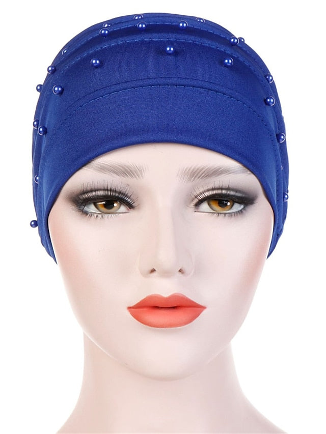 Fashion Muslim Women Turban Scarf Pearl Fold Turban Hat Cancer Chemo Beanies Cap Islamic Wrap Headscarf Musulman Femme Hijab Hair Accessories for Women