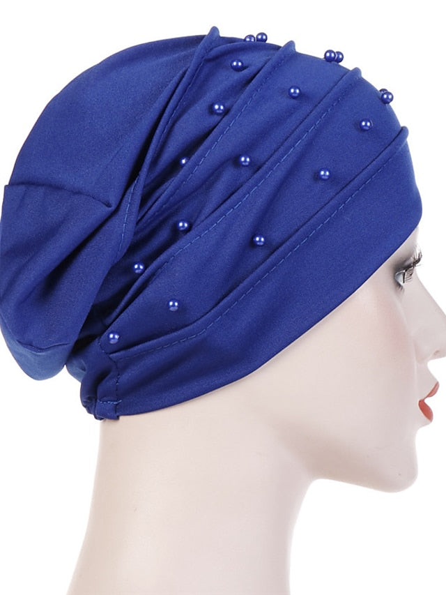 Fashion Muslim Women Turban Scarf Pearl Fold Turban Hat Cancer Chemo Beanies Cap Islamic Wrap Headscarf Musulman Femme Hijab Hair Accessories for Women