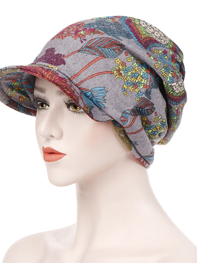 Print Beanies Hat Female Autumn Winter Cotton Baseball Hats Ponytail Vintage Warm Turban Cap Visors Caps for Women