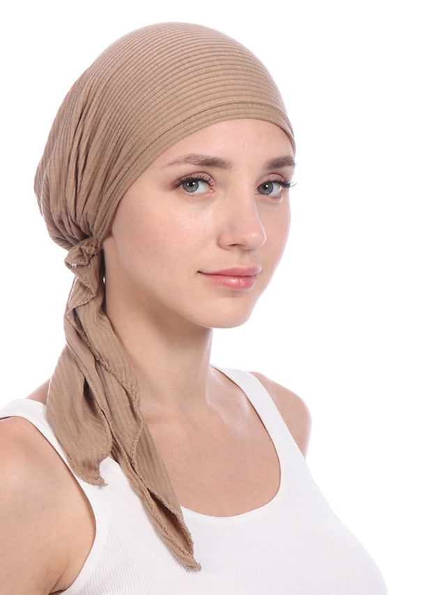 New Elastic Cotton Solid Color Wrap Head Scarf Hats Muslim Turban Bonnet For Women Inner Hijab Hat Fashion Female Turbantes Caps for Women