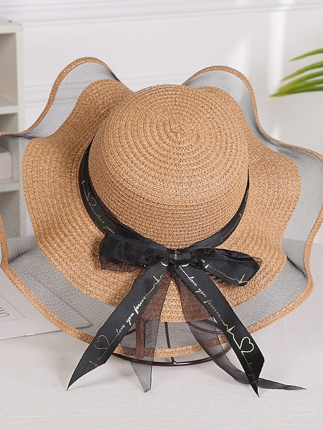 Hat Straw Hat Sun Hat Pink Khaki Navy Blue Outdoor Street Dailywear Mesh Bow Ribbon bow Portable Sun Protection Comfort for Women