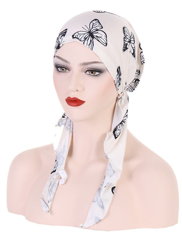 Women Printed Pre-tie Headscarf Elastic Muslim Female Turban Soft Hat Hair Loss Cover Head Wrap Headwear Stretch Bandana for Women