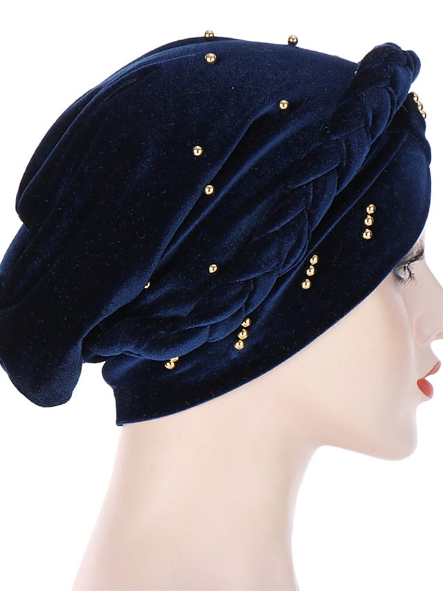 Retro Lady Women Beaded Hat Muslim Braid Head Scarf Turban Head Wrap Cover Ramadan Hair Loss Islamic Headwear Arab Fashion for Women