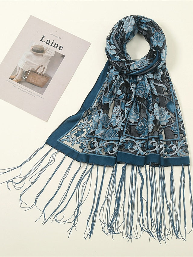 Fashion Women Viscose Scarf Laser Cut Lace Floral Patchwork Tassel Hijab Shawls and Wraps Female Foulards Echarpe for Women