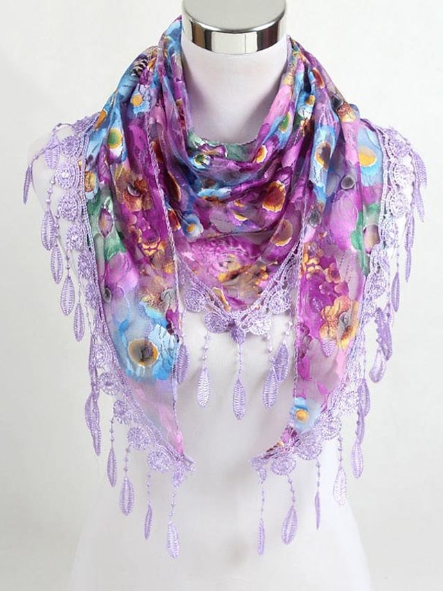 Shawls & Wraps Party Blue Scarf Floral & Long Triangle Tassel Scarf / Basic / Fall / Winter / Spring for Women