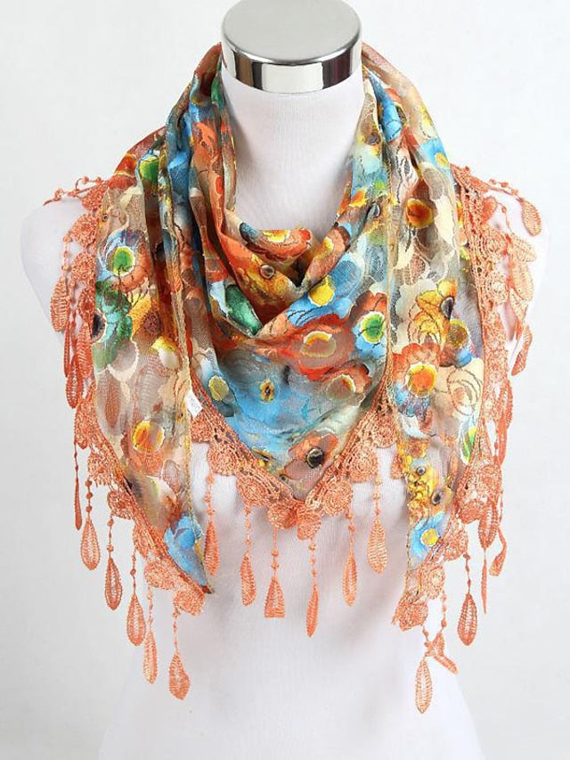Shawls & Wraps Party Blue Scarf Floral & Long Triangle Tassel Scarf / Basic / Fall / Winter / Spring for Women