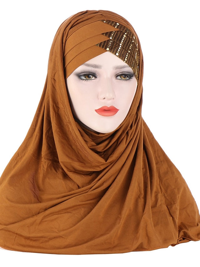 New Muslim Women Cross Soft Sleep Chemo Hat Beanie Women Soft Silk with Sequins Hijab Headwrap Headscarf Turban Hat Cap Headwear for Women