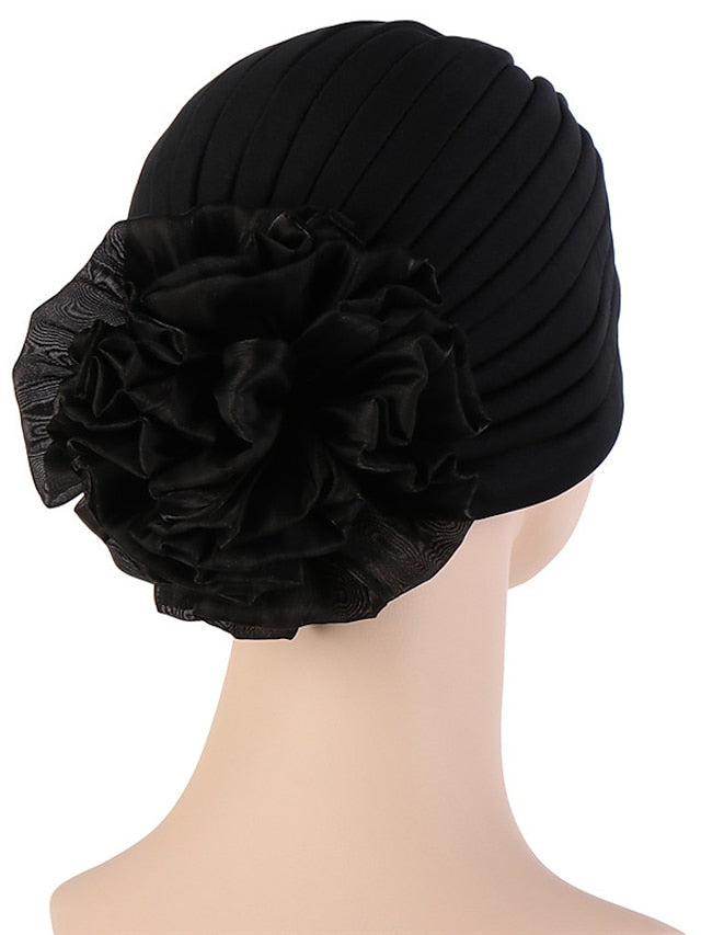 Female Stylish Indian Big Flower Solid Color Turban Hat Comfortable Women Muslim Pullover Hat African Head Wrap Hijab Cap Headwear for Women