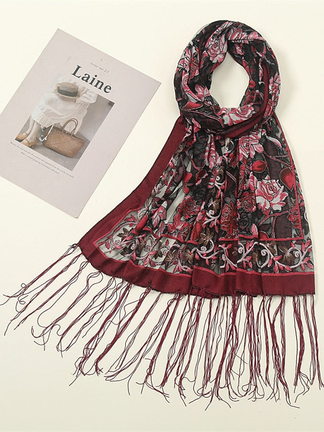 Fashion Women Viscose Scarf Laser Cut Lace Floral Patchwork Tassel Hijab Shawls and Wraps Female Foulards Echarpe for Women