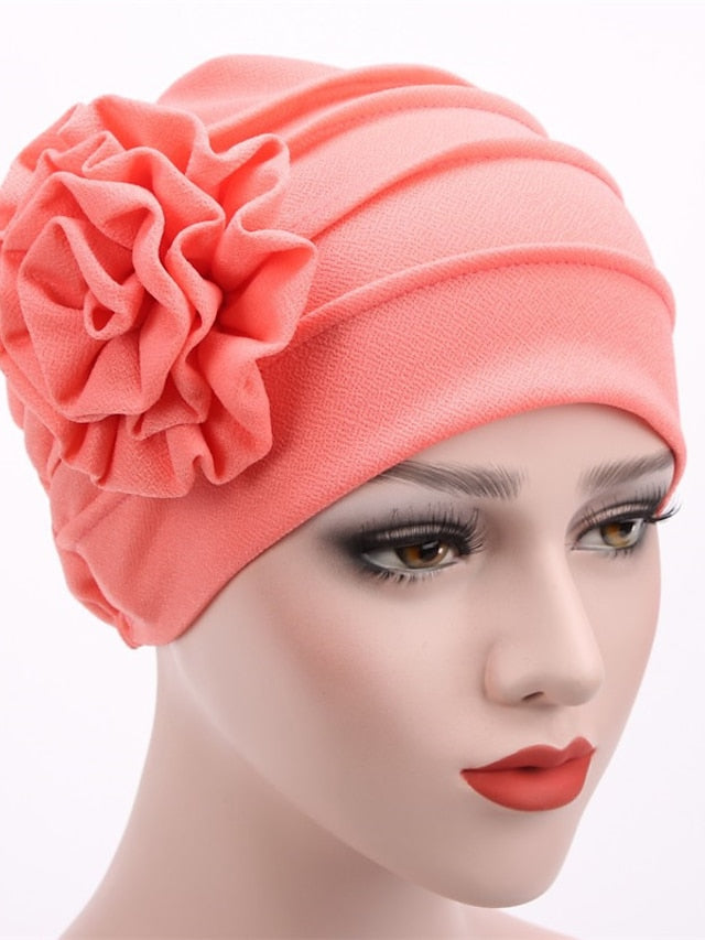 Hats Spring Summer Plain Color Floral Beanie Hat Muslim Stretch Turban Hat Cap Hair Loss Headwear Hijab Cap for Women