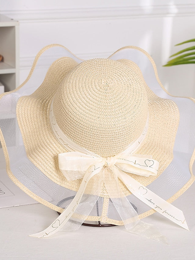 Hat Straw Hat Sun Hat Pink Khaki Navy Blue Outdoor Street Dailywear Mesh Bow Ribbon bow Portable Sun Protection Comfort for Women