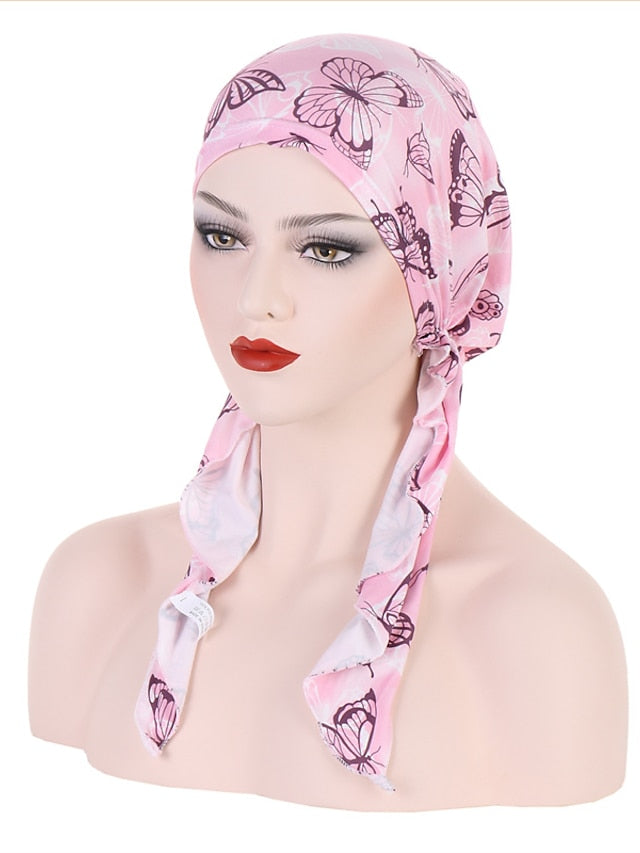 Women Printed Pre-tie Headscarf Elastic Muslim Female Turban Soft Hat Hair Loss Cover Head Wrap Headwear Stretch Bandana for Women