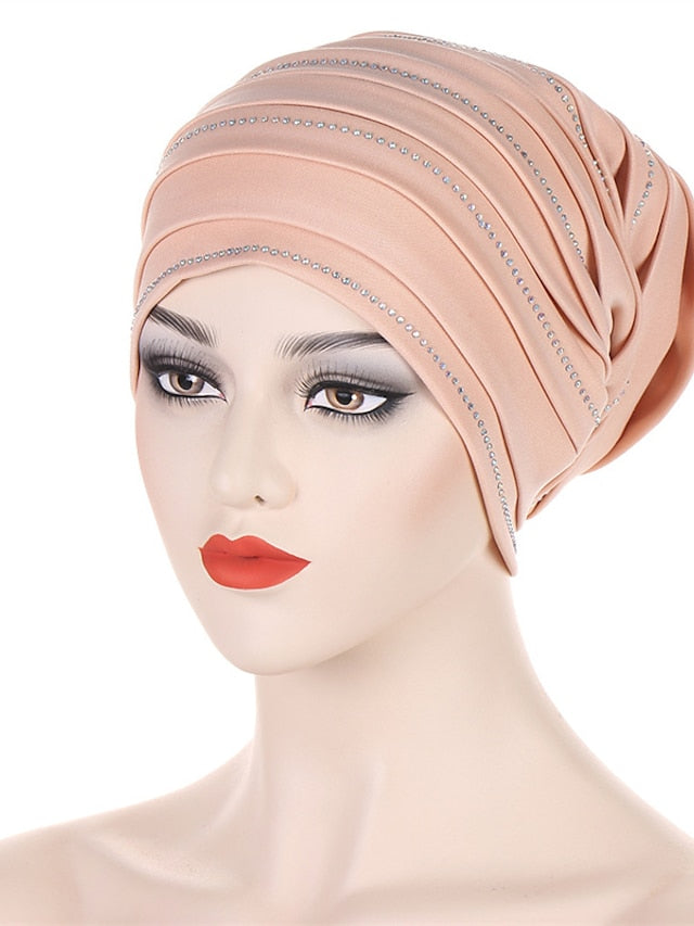 Rhinestones Pleated Turban Cap African Hat Muslim Headscarf Bonnet Ladies Head Wraps for Women