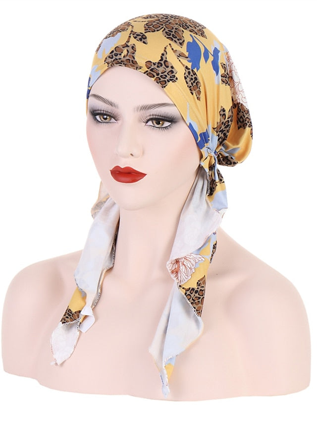Women Printed Pre-tie Headscarf Elastic Muslim Female Turban Soft Hat Hair Loss Cover Head Wrap Headwear Stretch Bandana for Women