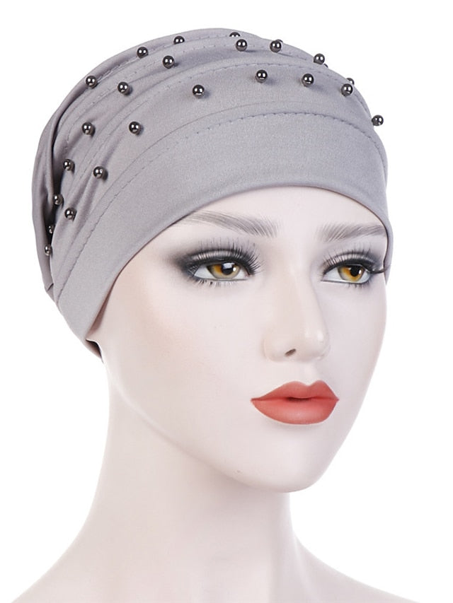 Fashion Muslim Women Turban Scarf Pearl Fold Turban Hat Cancer Chemo Beanies Cap Islamic Wrap Headscarf Musulman Femme Hijab Hair Accessories for Women