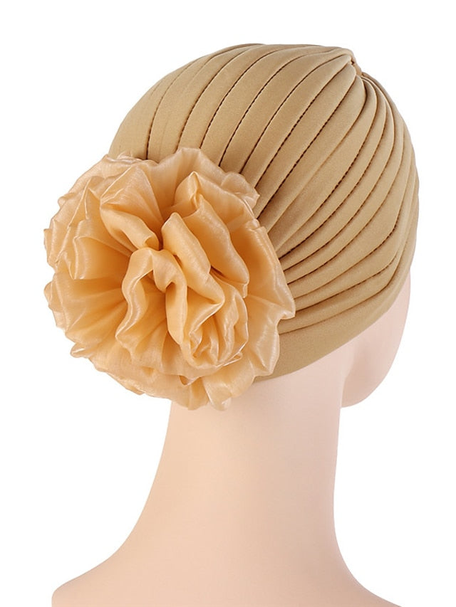 Female Stylish Indian Big Flower Solid Color Turban Hat Comfortable Women Muslim Pullover Hat African Head Wrap Hijab Cap Headwear for Women
