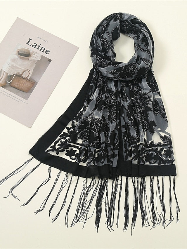 Fashion Women Viscose Scarf Laser Cut Lace Floral Patchwork Tassel Hijab Shawls and Wraps Female Foulards Echarpe for Women