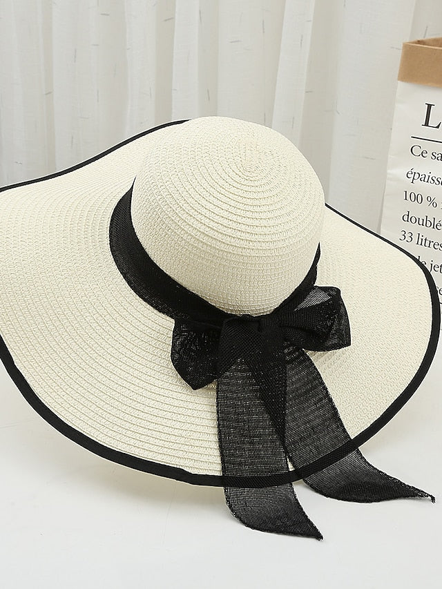 Hat Straw Hat White Khaki Beige Lawn Festival Braided Bow Print Portable Windproof Breathable for Women