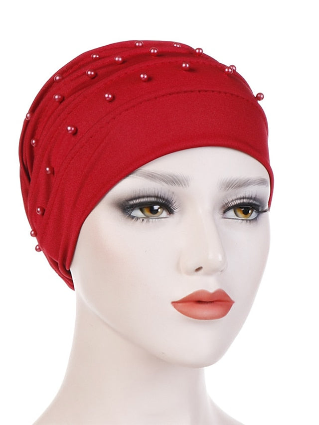 Fashion Muslim Women Turban Scarf Pearl Fold Turban Hat Cancer Chemo Beanies Cap Islamic Wrap Headscarf Musulman Femme Hijab Hair Accessories for Women