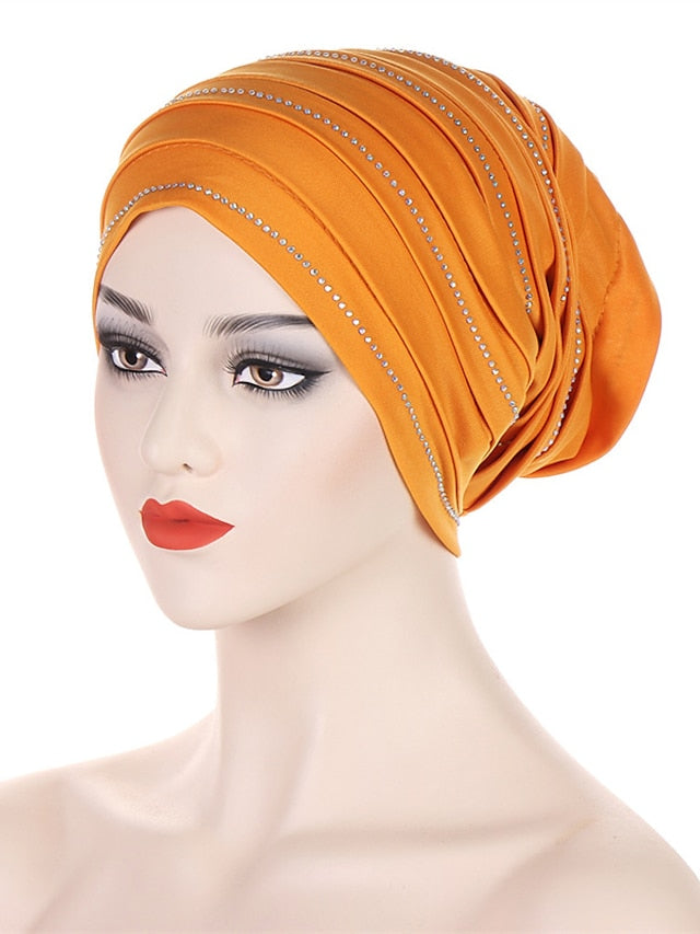 Rhinestones Pleated Turban Cap African Hat Muslim Headscarf Bonnet Ladies Head Wraps for Women