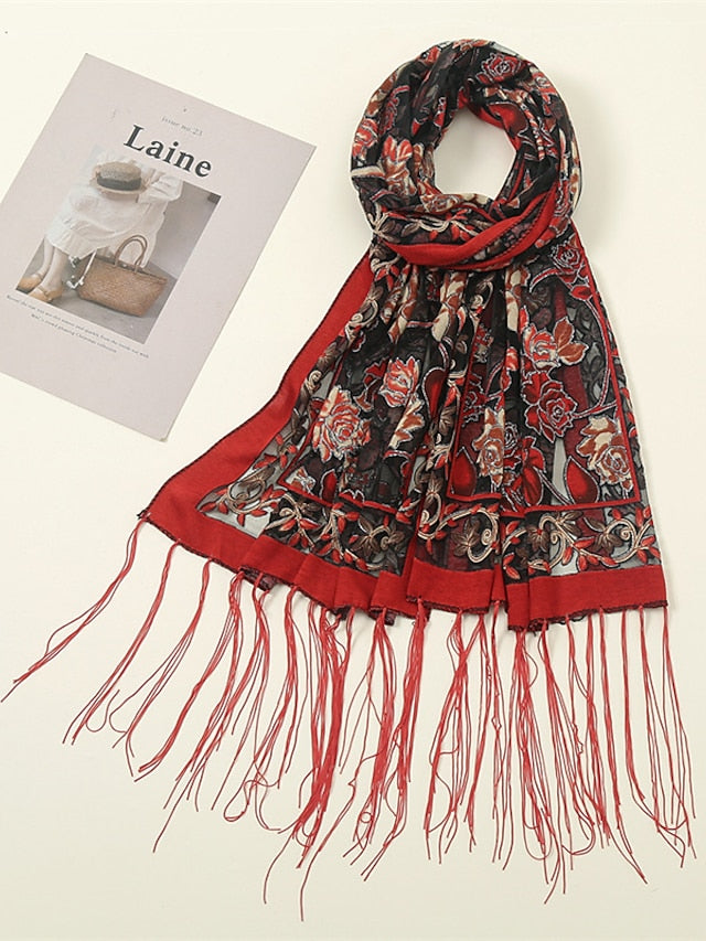 Fashion Women Viscose Scarf Laser Cut Lace Floral Patchwork Tassel Hijab Shawls and Wraps Female Foulards Echarpe for Women