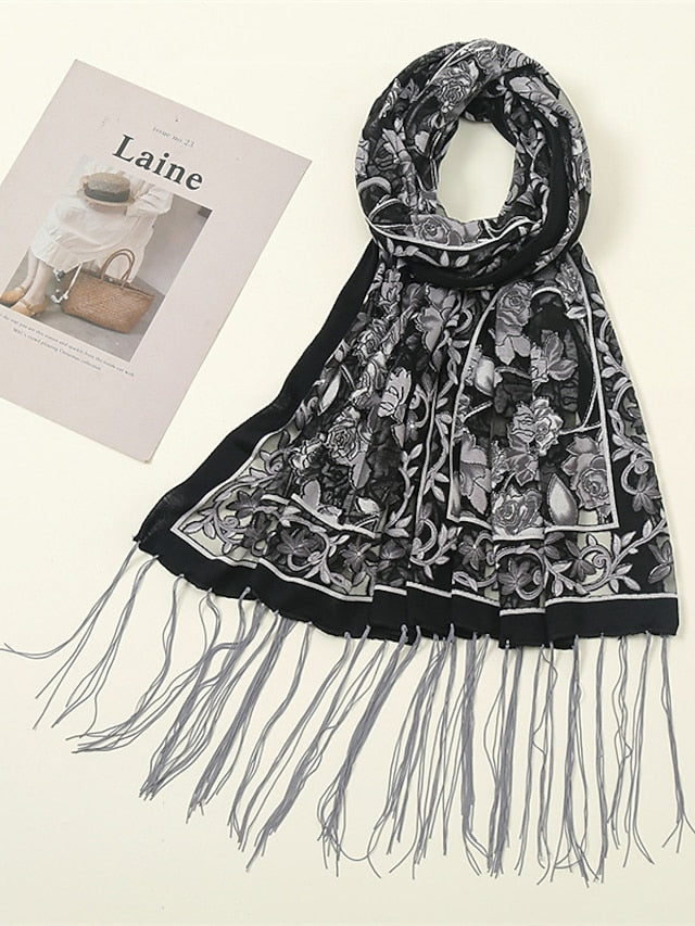 Fashion Women Viscose Scarf Laser Cut Lace Floral Patchwork Tassel Hijab Shawls and Wraps Female Foulards Echarpe for Women