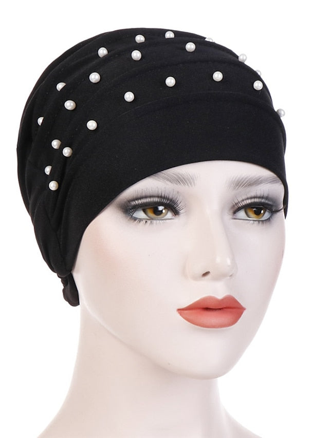 Fashion Muslim Women Turban Scarf Pearl Fold Turban Hat Cancer Chemo Beanies Cap Islamic Wrap Headscarf Musulman Femme Hijab Hair Accessories for Women