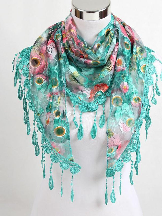 Shawls & Wraps Party Blue Scarf Floral & Long Triangle Tassel Scarf / Basic / Fall / Winter / Spring for Women