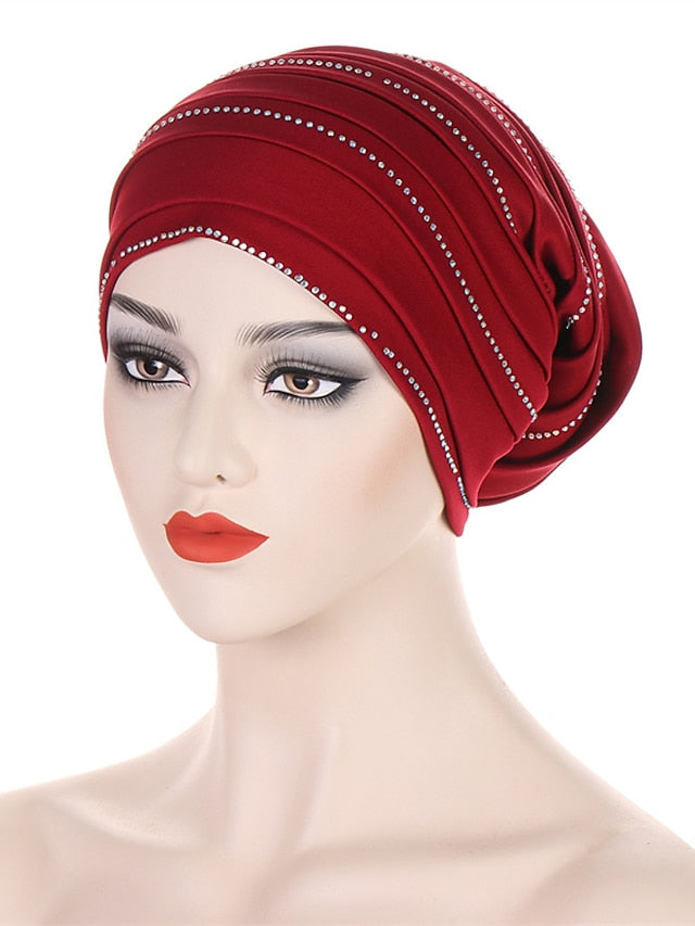 Rhinestones Pleated Turban Cap African Hat Muslim Headscarf Bonnet Ladies Head Wraps for Women