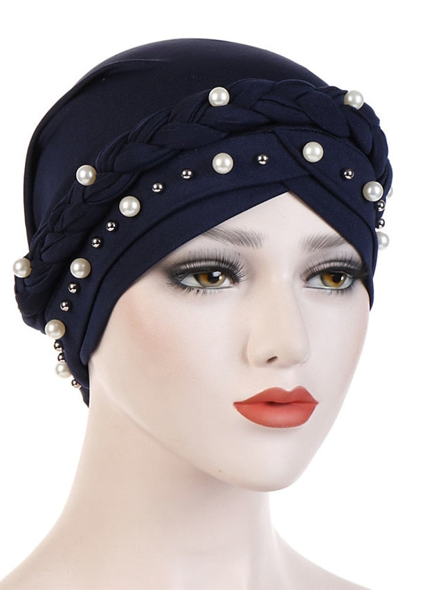 Women Fashion Pearls Muslim Scarf Hijabs Hat Women India Hat Solid Turban Hat Wrap Cap Head Scarf Headscarf Hat Female Hair Accessories for Women