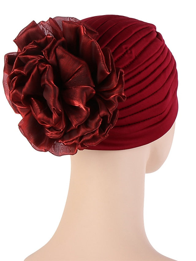Female Stylish Indian Big Flower Solid Color Turban Hat Comfortable Women Muslim Pullover Hat African Head Wrap Hijab Cap Headwear for Women