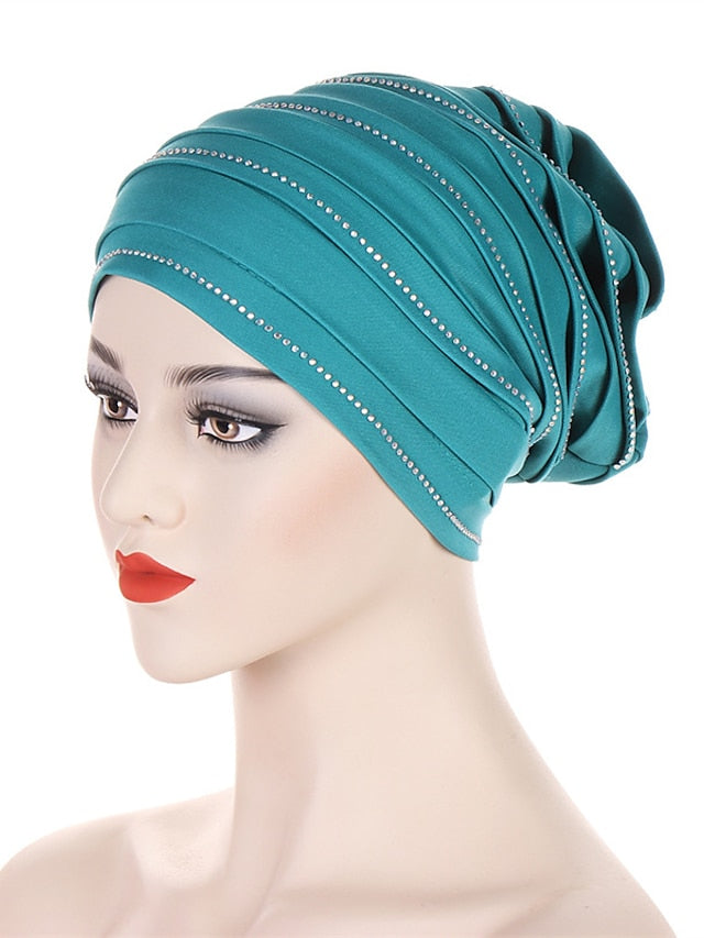 Rhinestones Pleated Turban Cap African Hat Muslim Headscarf Bonnet Ladies Head Wraps for Women