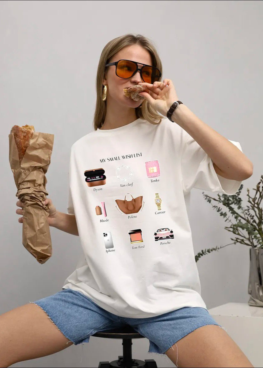 Wishlist Oversized Tee – White Graphic T-Shirt with “My Small Wish List” Print