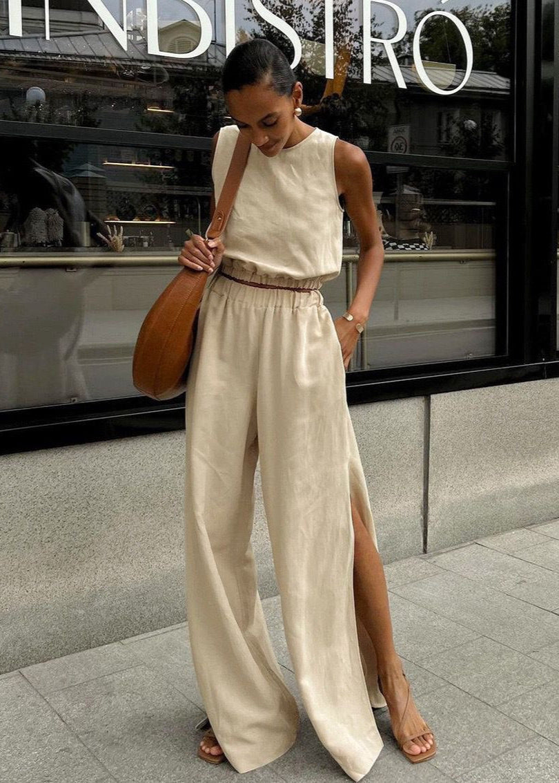 Savanna Wide-Leg Set – Beige Sleeveless Top & High-Slit Palazzo Pants
