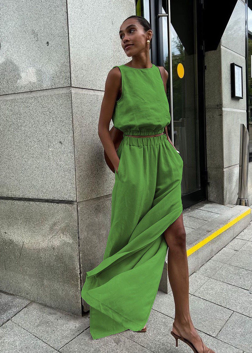 Savanna Wide-Leg Set – Beige Sleeveless Top & High-Slit Palazzo Pants