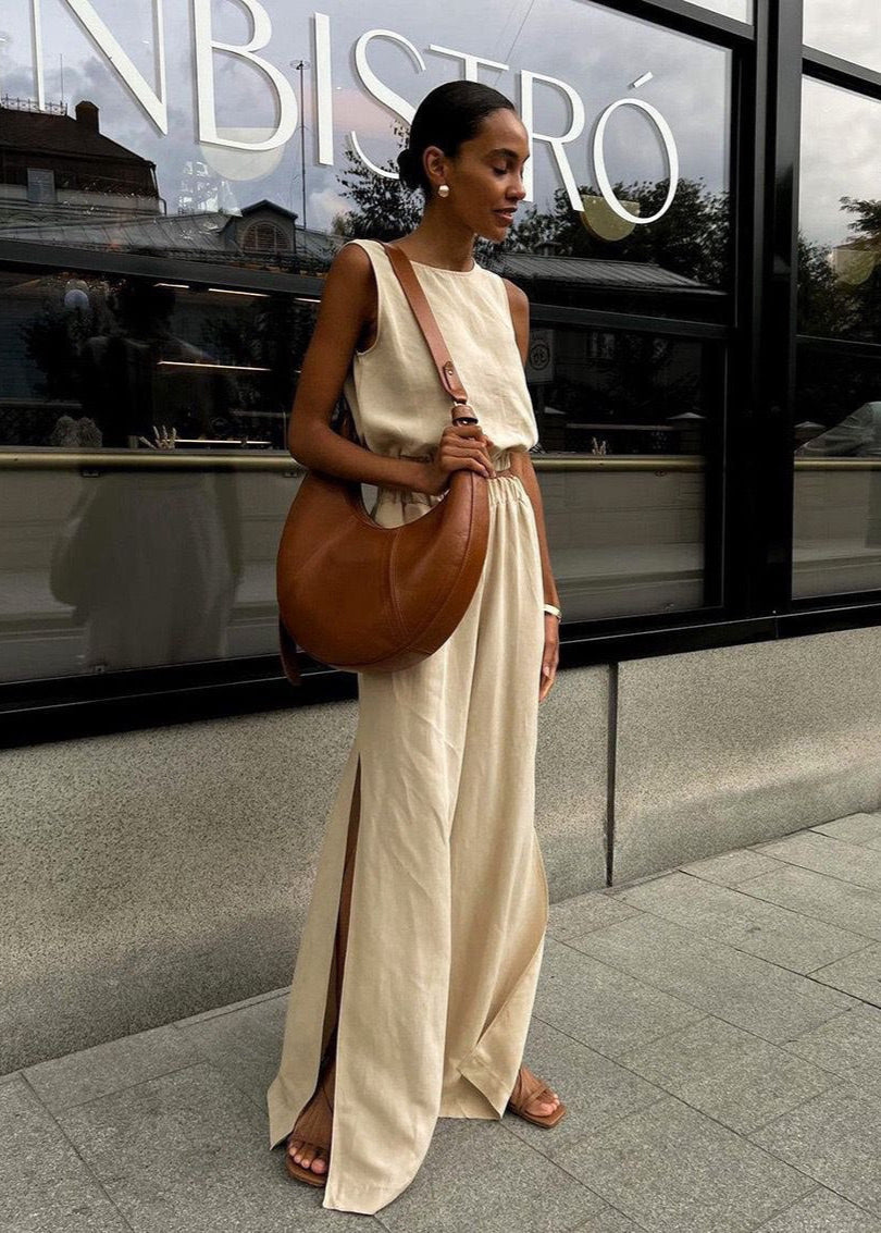 Savanna Wide-Leg Set – Beige Sleeveless Top & High-Slit Palazzo Pants