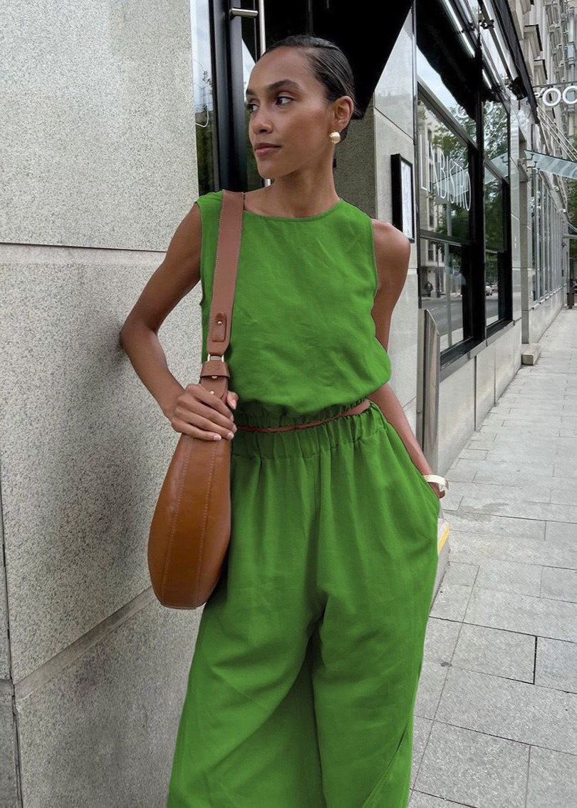 Savanna Wide-Leg Set – Beige Sleeveless Top & High-Slit Palazzo Pants