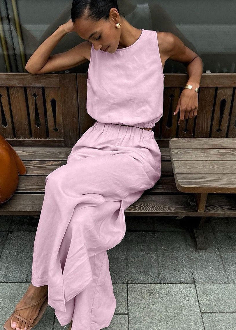 Savanna Wide-Leg Set – Beige Sleeveless Top & High-Slit Palazzo Pants